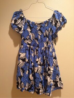 Free People Blue Black and White Strapless Floral Sundress